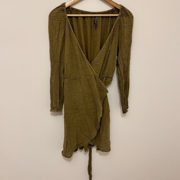 Olive green cotton gauze wrap dress top size XS - Picture 3 of 5
